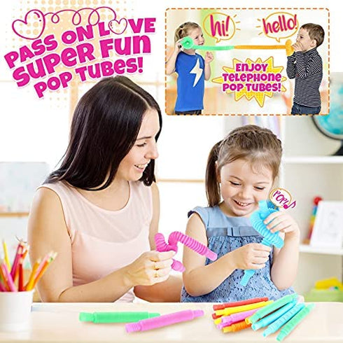 Pop Tubes Mini 24 Packs, Sensory Fidget Stretch Tubes Bulk for Kindergarten, Stress Relief for AHD, ADD Toddlers, DIY Learning Skills for Preschool, Valentine's Day Classroom Gifts Party Favors Prize