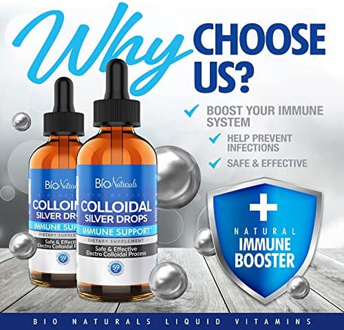 Bio Naturals Colloidal Silver Liquid Drops - Safe & Effective All Natural Immune Booster Supplement - Relief for Skin, Ear, Throat - 60 Servings