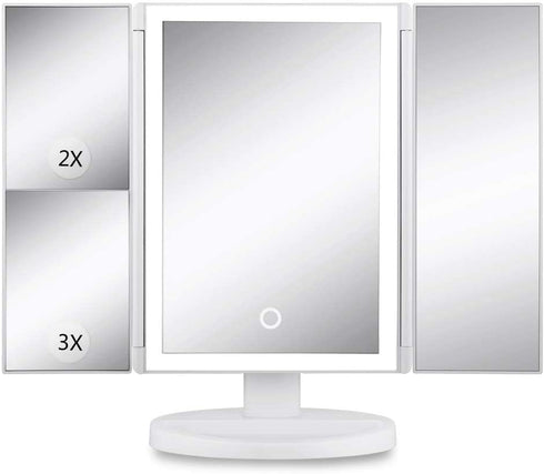 Makeup Mirror with Lights Vanity Mirror with Lights 37 LED Lighted Makeup Mirror Trifold Mirror 1X 2X 3X Magnification Touch Screen Switch 360 Degree Rotation Dual Power Supply
