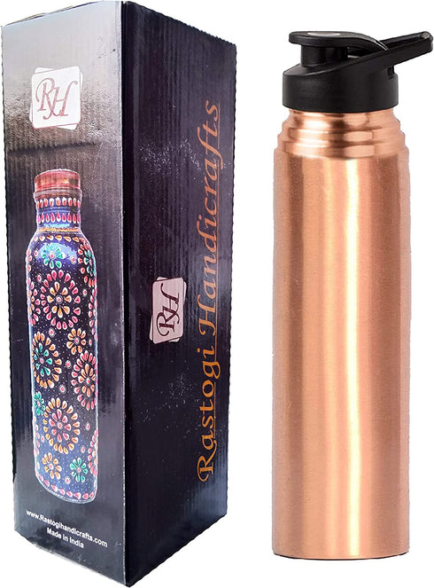 Rastogi Handicrafts Pure Copper Bottle 950 Ml Joint Less Leak Proof with Plastic Cap