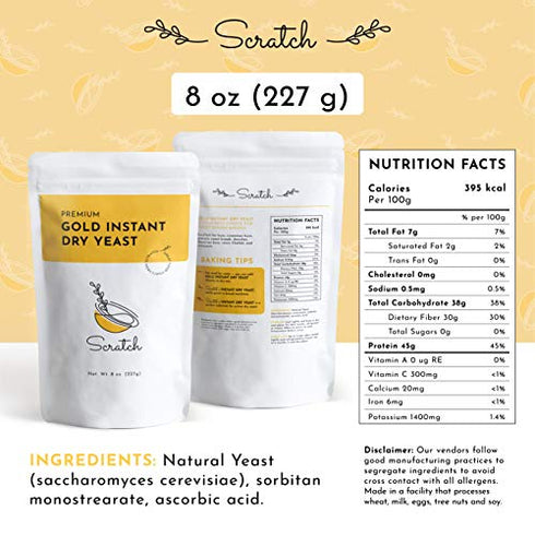 Scratch Gold Instant Rapid-Rise Dry Yeast - Premium Baking Ingredients - Perfect for Making Bread, Pizza, Dough, & Crusts - Quick Rising All Purpose - (Gold 8oz) (1 Packet)