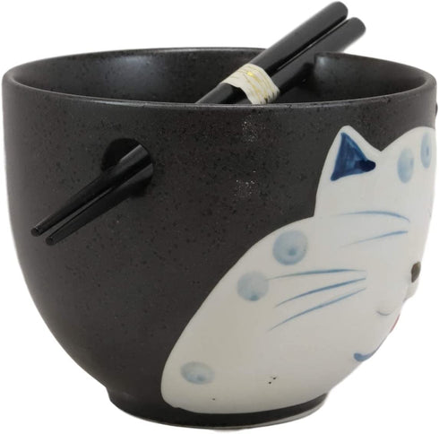 Ebros Whimsical Ceramic Black Lucky Meow Cat Pasta Ramen Udong Pho Noodles Soup Bowl and Chopsticks Set Dining Gourmet Meal Feline Cats Collection Rice Bowls Decor Kitchen