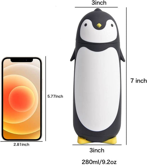 ChezMax Penguin Vacuum Thermos Stainless Steel Water Bottle Travel Mug Flask for Kids Children Student 9.5oz Black