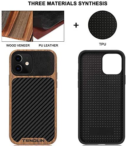 TENDLIN Compatible with iPhone 12 Mini Case Wood Grain with Carbon Fiber Texture Design Leather Hybrid Case Black