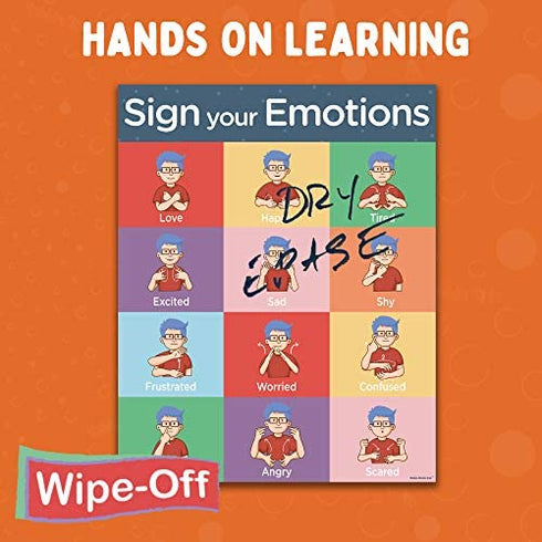Sign Language Posters for Classroom - 3 Pack ASL Alphabet Poster, Numbers, Emotions Chart for Kids. ASL Posters for Classrooms 16x20", Dry Erase