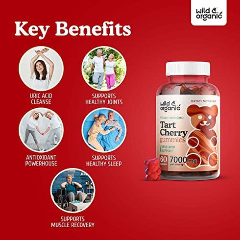 Wild & Organic Tart Cherry Gummies - Uric Acid Support and Joint Support Supplement with Vitamin C | Substitute to Tart Cherry Extract Capsules, Pills, Juice or Powder | Vegan, Gluten Free | 60 Chews