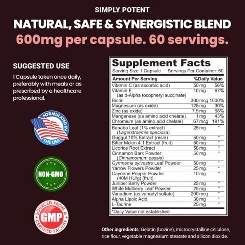Sugar Pro Supplement, 20 Herb & Vitamin Blend with Cinnamon, Alpha Lipoic Acid (ALA), Bitter Melon, Chromium & Gymnema to Balance Sugar Levels