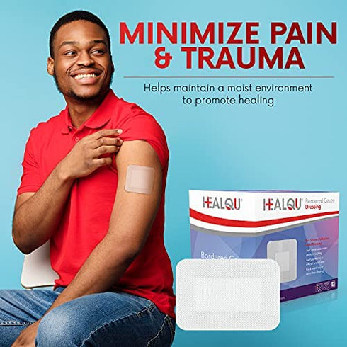 HEALQU Bordered Gauze Island Dressing - 50 Count, 2.4"x4" Sterile Individually Wrapped Gauze Pads with Water-Resistant, Non-Woven Backing - Soft and Breathable Wound Dressing for First Aid & Medical