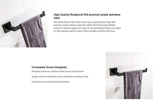Wellsum Premium Stainless Steel Hand Towel Holder, Square Hand Towel Ring Heavy Duty Wall Mounted Modern Hand Towel Bar for Bathroom Kitchen, Matte Black