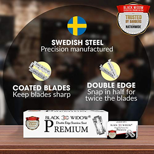 Black Widow Premium Double Edge Razor Blades - Swedish Steel Premium Razor Blades for Safety Razors and Straight Edge Razors - (100 Count)