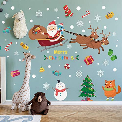 Supzone Christmas Wall Stickers Santa Claus Elk Wall Decals Removable Vinyl DIY Snowman Wall Decor Christmas Party Window Playroom Bedroom Classroom Living Room