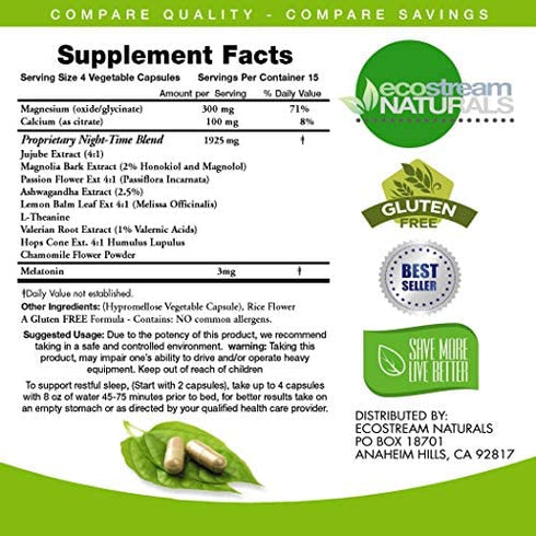 ecostream Naturals Natural Night-Time Support Muscle Relax PM - Over 2,300 Milligrams Strength - Ease Night Time Capsules Rest Support with Magnesium, Ashwaganha, Valerian, Passion Flower