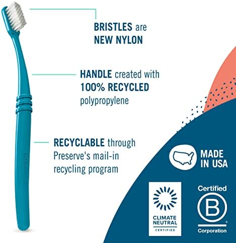 Preserve Eco Friendly Adult Toothbrushes, Made in The USA from Recycled Plastic, Lightweight Pouch, Soft Bristles, Colors Vary, 6 Count