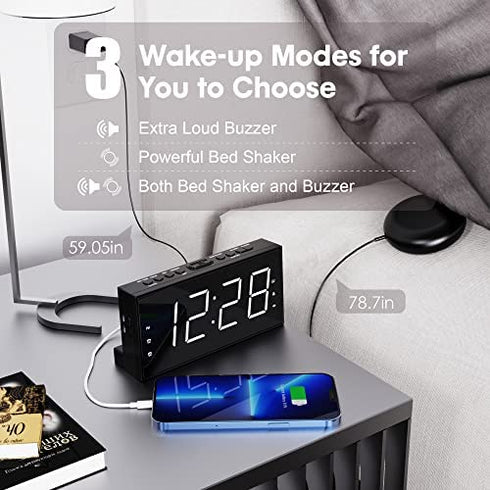 Loud Alarm Clock for Heavy Sleepers, Vibrating Alarm Clock with Bed Shaker for Deaf and Hard of Hearing, Dual Alarm Clock with 7.5'' Large Display,USB Charger, Dimmer, Snooze, 12/24H & Battery Backup