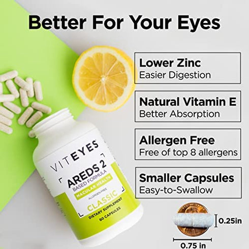 Viteyes AREDS 2 Eye Vitamins, Now with Natural Vitamin E, Smaller Capsules, Lower Zinc, Allergen Free, Lutein, Zeaxanthin, Manufactured in The USA, Eye Doctor Trusted, Classic Macular Support, 60 Ct