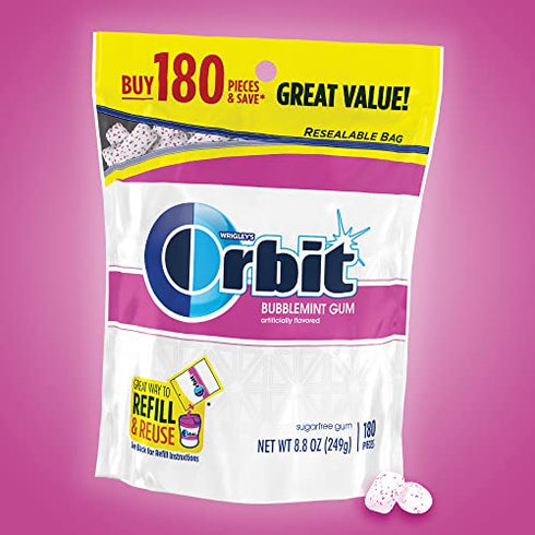 ORBIT Bubblemint Sugarfree Gum, 8.8-Ounce Resealable Bag, 180 Pieces