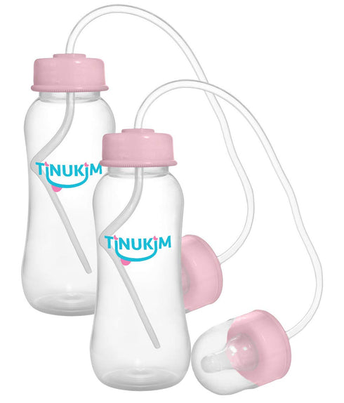 Tinukim iFeed 9 Ounce Self Feeding Baby Bottle with Tube - Handless Anti-Colic Nursing System, Pink - 2-Pack