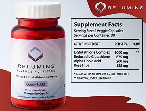 Relumins Advance Nutrition - 1000mg Reduced L-Glutathione Complex 2X More Effective Than Jarrow at Raising Serum Glutathione, Antioxidant - Alpha Lipoic Acid, Rosehips - 30 Veggie Caps