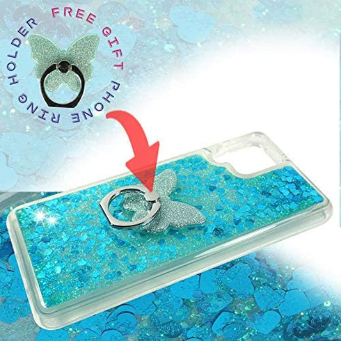 ZASE Samsung Galaxy A12 Clear Case Liquid Glitter Sparkle Bling Compatible w/Galaxy A12 6.5 inch 2021 Cute Girls Women Protective Flexible Cover Floating Quicksand w/Phone Ring Stand (Teal Blue)