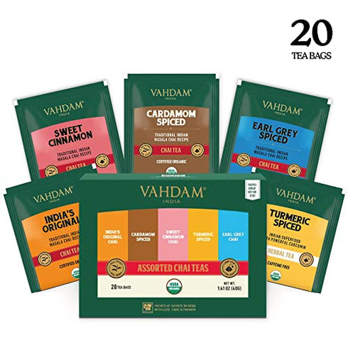 VAHDAM, Chai Tea Sampler, 20 Tea Bags - Tea Variety Pack | Assorted Chai Tea Bags | Cardamom Tea Bags, Cinnamon Tea Bags, Turmeric Masala Chai Tea | Happy New Year Gifts for Women & Men, Tea Gift Sets