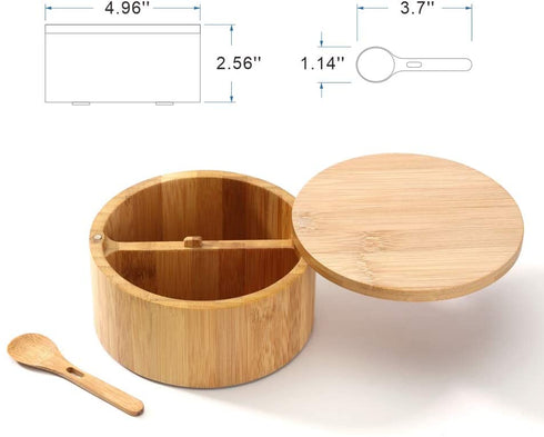 KITCHENDAO Bamboo Salt and Pepper Bowl Box - Built-in Serving Spoon to Prevent Lost - Swivel Lid with Magnet to Keep Dry, Dust-free - Salt Cellar Seasoning Container Holder - Dual 7 Ounce Capacity