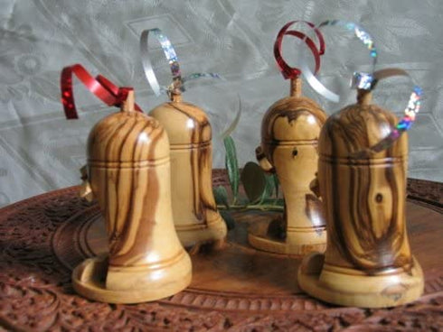 Holy Land Imports 4 Olive Wood Bell Christmas Ornaments from Bethlehem