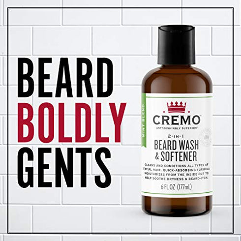 Cremo 2-in-1 Mint Blend Beard Wash & Softener, Cleans and Conditions All Lengths of Facial Hair, 6 Oz.