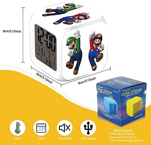 ASLNSONG Super Mario Bros Color Change Digital Alarm Clock 7 Colors Change Digital Alarm Clock with Time, Temperature, Alarm, Date (A)