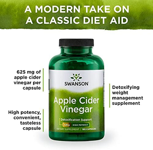 Swanson Apple Cider Vinegar Capsules - Supports Healthy Weight Loss & Digestive Health - Helps Support Metabolism and Maintain Glucose Profile - (180 Capsules, 625mg Each)