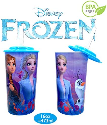 Disney Frozen 2 Elsa Anna Drink Tumblers with Lid, Reusable Straw Set for Kids Girls Toddlers, Pack of 2 - Safe BPA free by Zak design