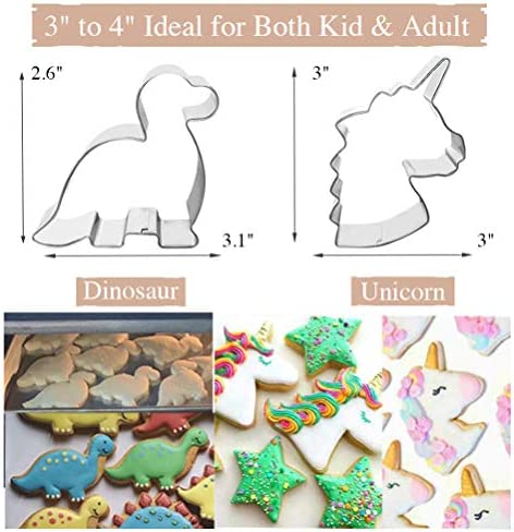 COTEY Cookie Cutters 4" to 3" Set of 6 Mickey & Minnie Mouse Unicorn Dinosaur Heart Star Hot Biscuit Cake Fondant Pancake Cutter Mold for Kids Children Holiday Celebration Birthday Party