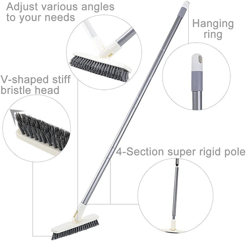 SUPERWASH PLUS Grout Brush with Extendable Handle, Swivel Brush Head with Heavy Duty Stiff V-Shaped Bristles, 55 Inch Long Handle Floor Scrubber Cleans Corners, Shower Tile, Bathtub and Patio Deck