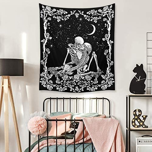 Wonrizon The Lovers Skull Tapestry,Black and White Romantic Constellation Skeleton Tapestries Wall Hanging decor for Living Room Bedroom (51.2”x 59.1”)