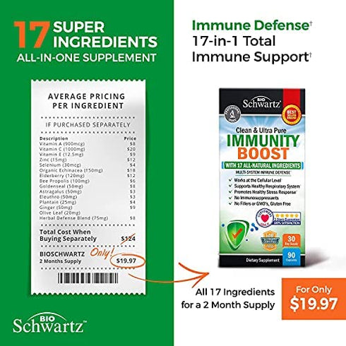 Immune Support Supplement with Vitamin C 1000mg Zinc Elderberry Ginger Beta Carotenes, Immunity Boost for Adults, Natural Immune Defense Antioxidant Vitamins by BioSchwartz, 90 Capsules