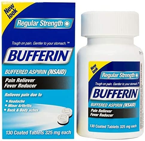 Bufferin Aspirin Pain Reliever/Fever Reducer Coated Tablets, Relieves Headache, Arthritis, Backache & Menstrual Cramps, Contains Antacids, 325mg, 130 Count (Pack of 3)