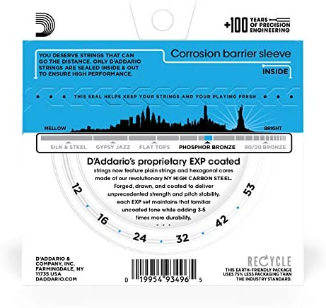 D’Addario EXP16 Coated Phosphor Bronze Acoustic Guitar Strings, Light, 12-53 – Offers a Warm, Bright and Well-Balanced Acoustic Tone and 4x Longer Life - With NY Steel for Strength and Pitch Stability