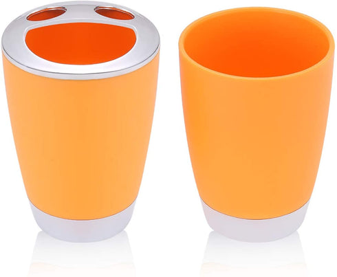 6 Piece Bathroom Accessories Set,Plastic Bath Ensemble Bath Set Lotion Bottles, Toothbrush Holder, Tooth Mug, Soap Dish, Toilet Brush, Trash Can (Orange)