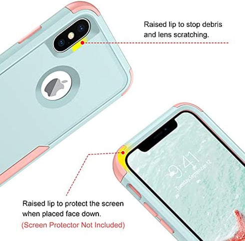 BENTOBEN iPhone X Case, iPhone Xs Case, 3 in 1 Heavy Duty Rugged Hybrid Hard PC Soft TPU Bumper Shockproof Non-Slip Protective Cases Cover for iPhone X (2017) / iPhone Xs (2018) 5.8 Inch, Green/Pink