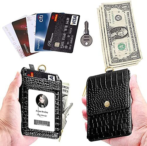 ELV Badge Holder with Zipper, PU Leather ID Badge Card Holder Wallet with 5 Card Slots, 1 Side RFID Blocking Pocket and 20 inch Neck Lanyard Strap for Offices ID, School ID, Driver Licence