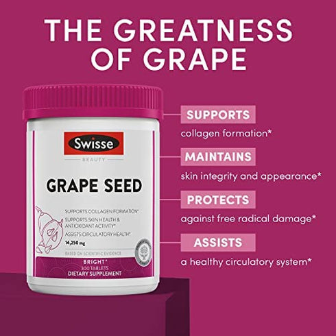 Swisse Grape Seed Extract Capsules Antioxidant Herbal Supplement | Grapeseed Polyphenols + Antioxidant Vitamin C | Promotes Skin Health & Collagen Production | 300 Tablets