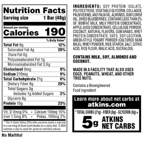 Atkins Blueberry Greek Yogurt Protein Meal Bar. Rich in Fiber. Keto-Friendly. (5 Bars)