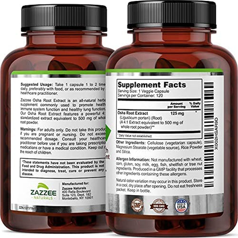 Zazzee OSHA Root Extract 120 Vegan Capsules, 500 mg Strength, Potent 4:1 Extract, Ligusticum porteri, Non-GMO and All-Natural