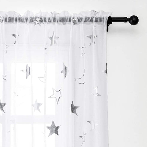 White Sheer Curtains for Bedroom - Silver Star Print Curtains 96 Inches Length Rod Pocket Sheer Panels Star Window Curtains for Living Room, 52 x 96 Inch, 2 Panels, Silver White, by FINECITY