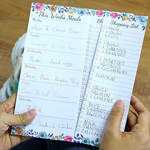 Weekly Meal Planner - Floral Magnetic Notepads for Refrigerator Meal Planning Pad with Tear Off Grocery List 52 weeks 7” X 9”