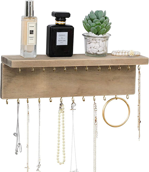Byher Wall Mounted Jewelry Organizer with 24 Hooks - Rustic Wood Shelf Jewelry Display - Storage for Necklaces, Bracelets, Earrings, Bows (24 Hooks)