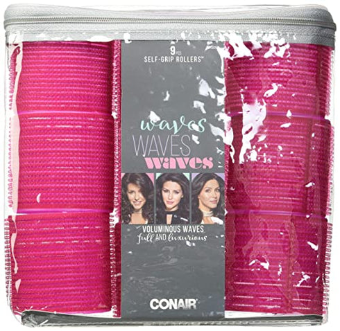 Conair Self Grip Extra Large Hair Rollers, Hair Curlers, Self Grip Hair Rollers, Hot Pink, 9 Pack with Storage Bag