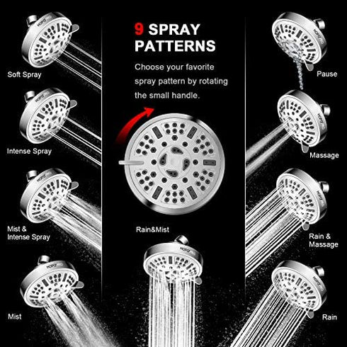 HOPOPRO Upgraded 9 Settings High Pressure Shower Head, Fixed Showerhead Adjustable Bathroom Showerhead Multi-functional Wall Mount Rainfall Showerhead for Low Water Flow