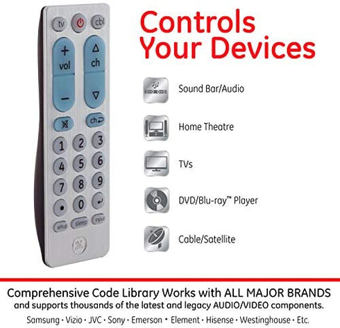 GE Big Button Universal Remote Control for Samsung, Vizio, Lg, Sony, Sharp, Roku, Apple TV, TCL, Panasonic, Smart TVs, Streaming Players, Blu-Ray, DVD, 2-Device, Silver, 33701