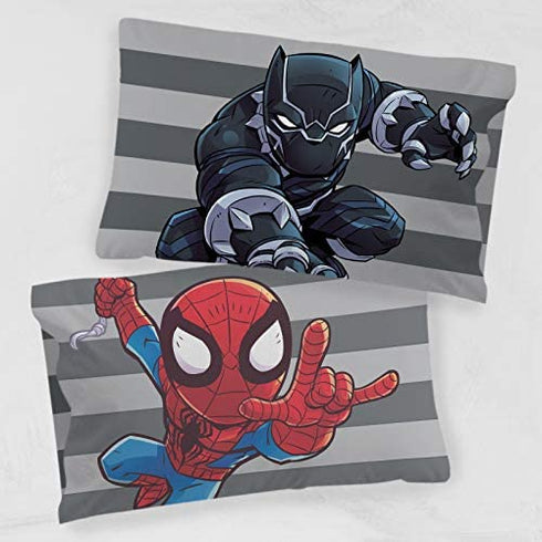 Jay Franco Marvel Super Hero Adventures City Heroes 1 Pack Pillowcase - Double-Sided Kids Super Soft Bedding - Features Spiderman & Black Panther (Official Marvel Product)