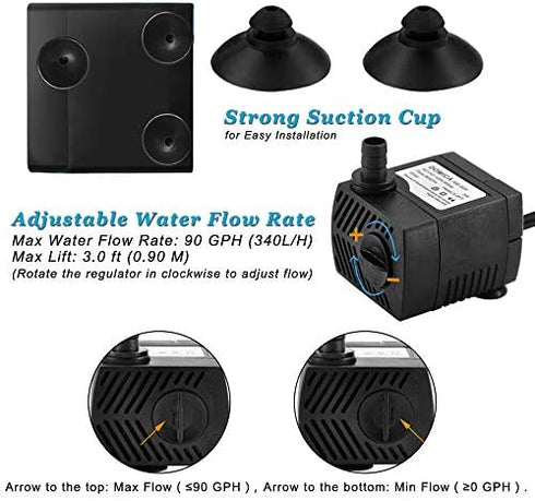 90 GPH Mini Submersible Pump, Small Fountain Pump (5W 350L/H) for water feature, Aquariums, Fish Tank, Tabletop Fountain, Pet Fountain, Indoor or Outdoor Pond Fountain